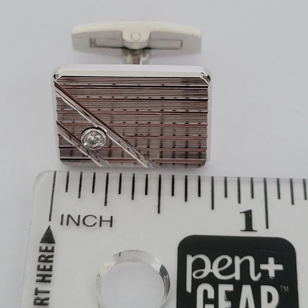 Vintage Sterling Silver Etched Rectangular Cufflinks with Clear Stone Accents
